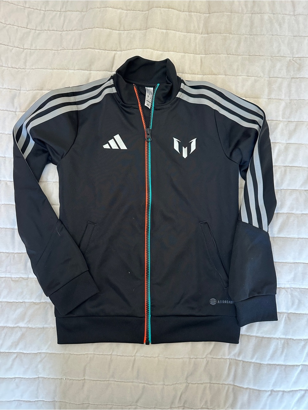 adidas Youth Black Track Jacket with Stripes and Teal/Orange Zip, Messi logo